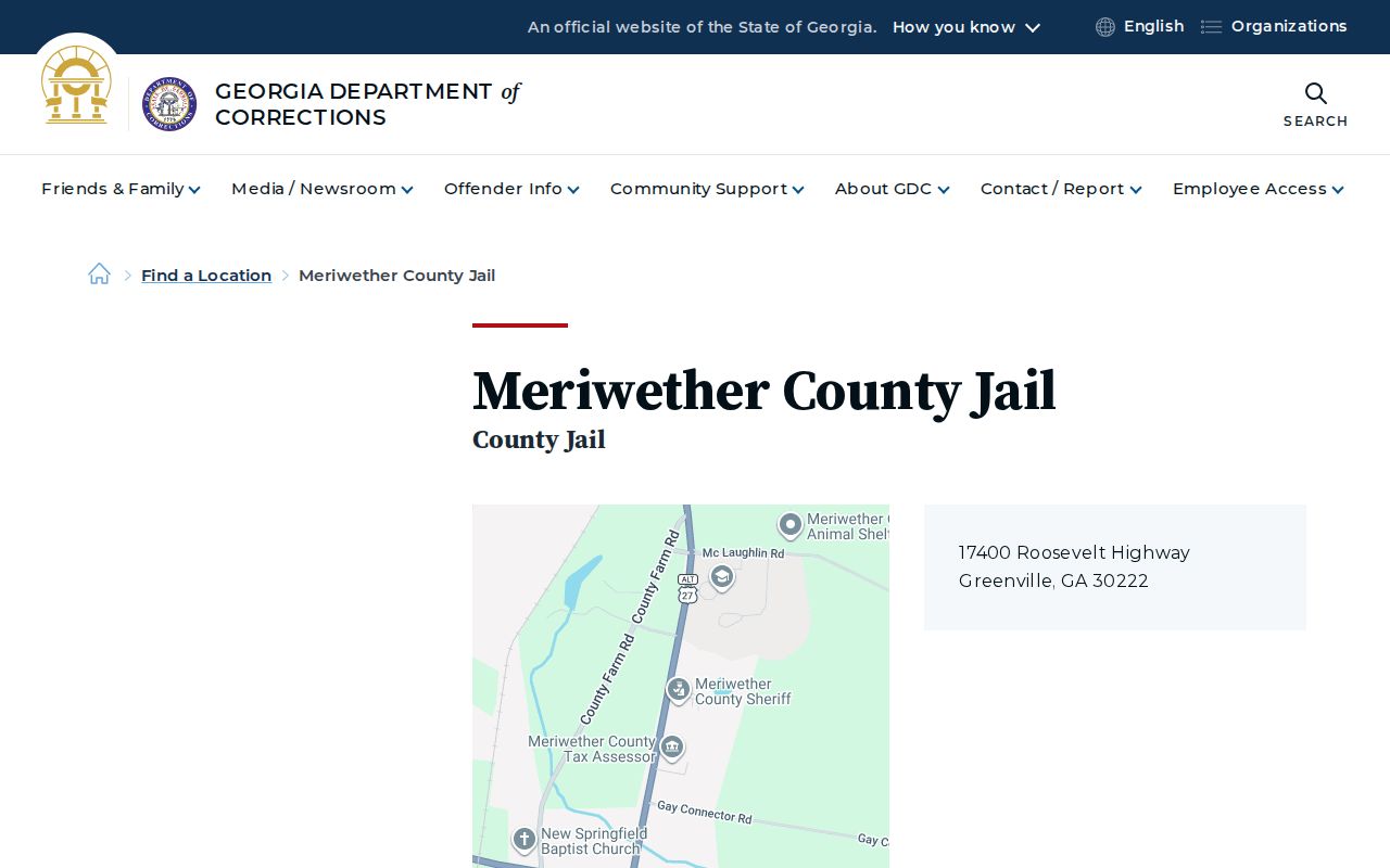 GDC listing for Meriwether County Jail release contacts