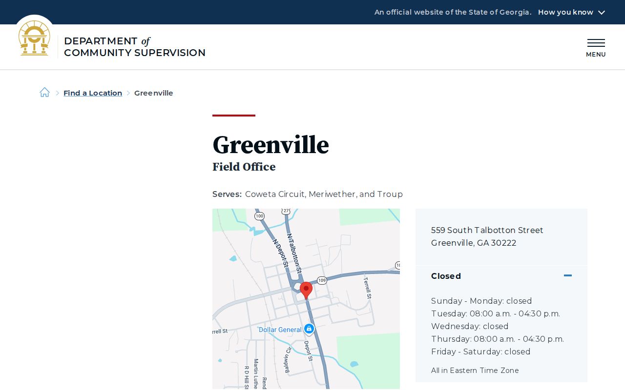 Georgia Department of Community Supervision Greenville Field Office page